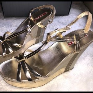 Gold Prada Wedges - Used - Size 7 US / 38 EU
